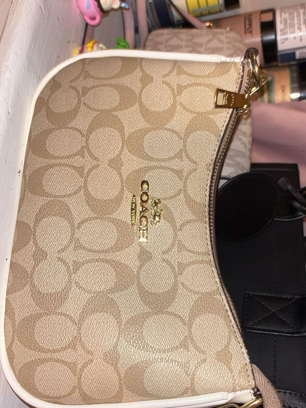 Coach Tan Signature Canvas Shoulder Bag with Gold Hardware